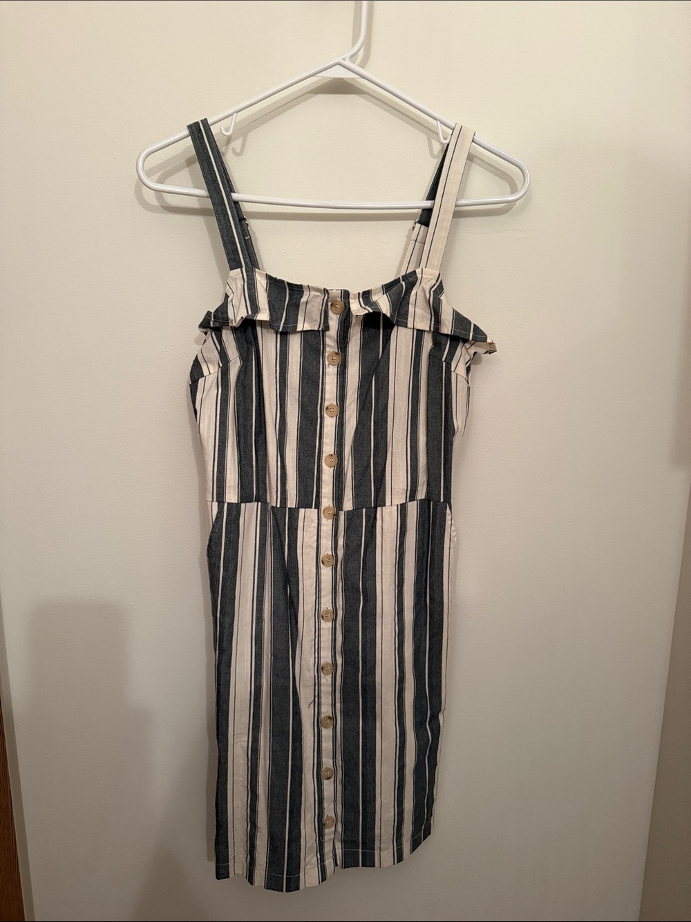 Hem & Thread Black and Cream Striped Button-Front Midi Dress